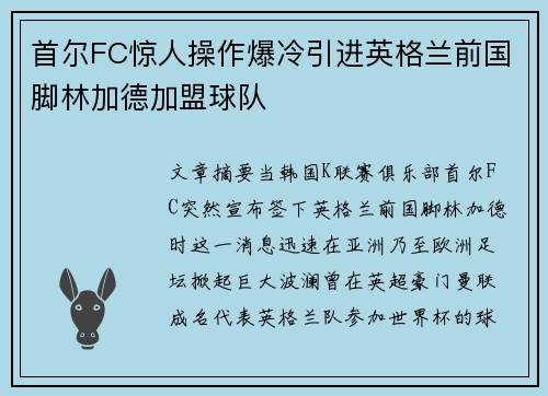 首尔FC惊人操作爆冷引进英格兰前国脚林加德加盟球队 首尔FC惊人操作爆冷引进英格兰前国脚林加德加盟球队